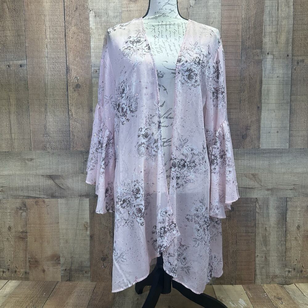 Torrid Kimono Top Pink Chiffon Breast Cancer Awareness 3/4 Sleeve Size 1X NWT